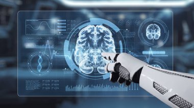 Bulanık laboratuvar arka planına sahip beyin hologramına robotik el gösterimi yap ve tıkla. Tıbbi verilere erişmek ve onları teşhis etmek için robot el beyin ikonuna tıklıyor. Sağlıklı..