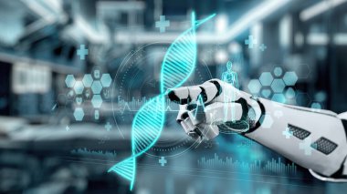 Bulanık laboratuvar arka planına sahip DNA hologramına robotik el gösterimi ve dokunuşlarını kapat. Tıbbi verilere erişmek ve onları teşhis semptomlarına bağlamak için robot el DNA ikonuna tıklıyor. Sağlıklı..