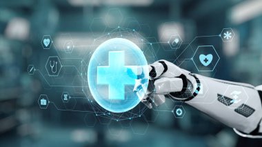 Robotik el işaretini kapat ve bulanık laboratuvar geçmişine sahip çapraz holograma dokun. Tıbbi verilere erişmek ve onları teşhis etmek için robot el tıklaması. Sağlıklı..