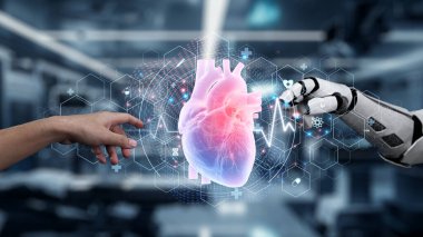 Robot ve insan elini uzatıyorlar ve kalp hologramıyla hareket ediyorlar. Bulanık laboratuvar geçmişini işaret ederken robot el ve insanın birlikte çalışmalarına yakın çekim. Sağlıklı..