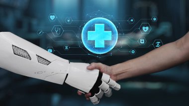 Robot elini kapat ve insan elini tıbbi çapraz hologramla sık. Yapay zeka ve insan birlikte çalışmak ya da bulanık laboratuarlarla yüzen çapraz hologramla anlaşma yapmak. Sağlıklı..