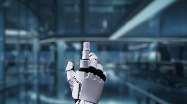 Robot bir el, modern ortamlardaki yapay zeka ve teknolojinin gelişimini gösteren parıldayan bir dijital arayüzle etkileşime geçiyor. Auvana