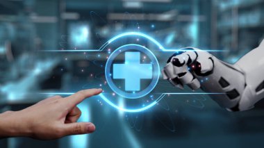 Robot ve insan elini uzatıyor ve yüzen tıbbi haç ikonu ile parmağıyla işaret ediyor. Laboratuvar geçmişini işaret ederken robot eller ve insanların birlikte çalışması yakın plan. Sağlıklı..