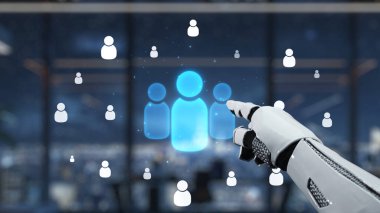 Robot bir el, teknolojinin ve insan etkileşiminin modern çalışma alanı ortamında nasıl bütünleştiğini gösteren parlayan sanal insan avatarlarına işaret ediyor. Auvana