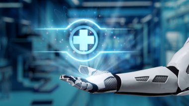 Tıbbi haç hologramı havada süzülürken robot elinin avuç içini kapat. Tıbbi verilere erişip, semptomlara bağlanırken tıbbi çapraz holografiği gösteren bir el. Sağlıklı..