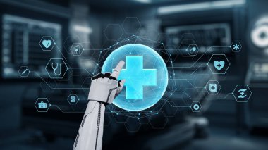 Tıbbi verilere ya da teşhis semptomlarına ulaşmak için robotik el işaretlerini kapatın ve tıbbi çapraz holograma tıklayın. Yapay zeka semptomları analiz ederken robot el çapraz kontrol yapıyor. Sağlıklı..