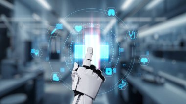 Tıbbi verilere ya da teşhis semptomlarına ulaşmak için robotik el işaretlerini kapatın ve tıbbi çapraz holograma tıklayın. Yapay zeka semptomları analiz ederken robot el çapraz kontrol yapıyor. Sağlıklı..