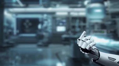 Robotik el işaretini kapat ve bulanık laboratuvar geçmişine sahip çapraz holograma dokun. Tıbbi verilere erişmek ve onları teşhis etmek için robot el tıklaması. Sağlıklı..