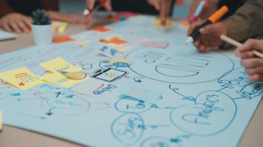 Modern ofis ortamında beyin fırtınası sırasında renkli çizelgeler ve diyagramlar üzerinde işbirliği yapan farklı bireylerden oluşan bir grup. SACTR