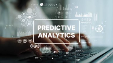 Dizüstü bilgisayarda Öngörülebilir Analitik Grafikler ve Veri Görselleştirmeleri Üzerine Yazan Eller. Asemptotik akıllı veri analitiği.