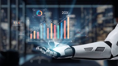 Pürüzsüz bir robot kolu, teknolojinin çağdaş ofis alanlarındaki mali analizler üzerindeki etkisini vurgulayan canlı grafikler ve grafikler yoluyla etkileşimli iş büyüme verileri sunar. Auvana