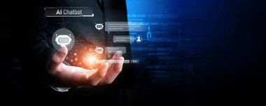 Yapay zeka sanal asistanı Chatbot ile yapay zeka konsepti ile insan etkileşimi, yapay zeka mühendisliği, LLM yapay zeka derin öğrenimi iş desteği için üretken yapay zeka kullanımı. FaaS