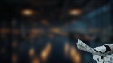 Fütürist bir sahnede, modern toplumda teknoloji ve finans arasındaki gelişen etkileşimi gösteren bir robot elin insan eline para geçişi tasvir ediliyor. MZL