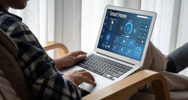 Smart home technology, centric remote control system with digital dashboard for air conditioning, safety security network or house automation. App software, ui panel programming IOT monitor snugly