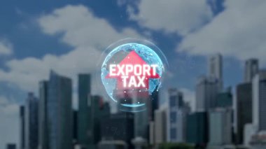 Uluslararası Ticaret ve Gümrük Düzenlemelerini Temsil Eden Finansal Elementler ve Arkaplanda City Skyline ile Küresel İhracat Vergisi Konsepti. Sevkiyat.