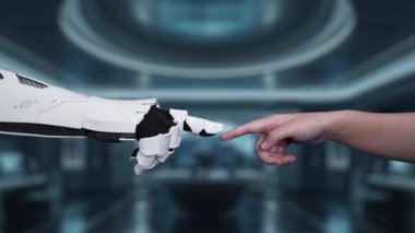 Üretici yapay zeka kavramlarını gösteren fütüristik bir arayüzün büyüleyici bir görüntüsü, yüksek teknolojili bir ortamda çalışan bir insan eli ve robotik bir kol. Auvana