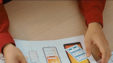 Mobil uygulama için kullanıcı arayüzü prototipi ya da masadaki program modeliyle birlikte web sitesi planlaması yapan bir şirket çalışanı. UX UI tasarımcısı kullanıcı dostu arayüz planını dikkate alır. Sinerjik