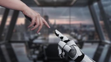 Dijital dosya yönetim sistemiyle etkileşime giren robotik bir elin yer aldığı modern bir ofis sahnesi, teknolojinin günlük iş operasyonlarına entegrasyonunu gözler önüne seriyor. Auvana