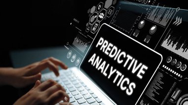 Dizüstü bilgisayarda elle yazma ve öngörüsel analitik kavramı ile geleceksel veri görselleştirmesi. Asemptotik akıllı veri analitiği.