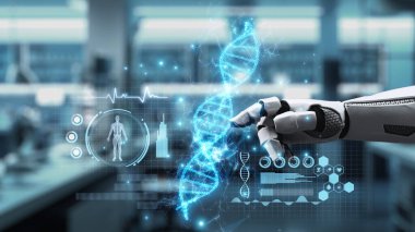 Bulanık laboratuvar arka planına sahip DNA hologramına robotik el gösterimi ve dokunuşlarını kapat. Tıbbi verilere erişmek ve onları teşhis semptomlarına bağlamak için robot el DNA ikonuna tıklıyor. Sağlıklı..