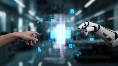Robot ve insan elini uzatıyor ve yüzen tıbbi haç ikonu ile parmağıyla işaret ediyor. Laboratuvar geçmişini işaret ederken robot eller ve insanların birlikte çalışması yakın plan. Sağlıklı..