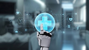 Tıbbi verilere ya da teşhis semptomlarına ulaşmak için robotik el işaretlerini kapatın ve tıbbi çapraz holograma tıklayın. Yapay zeka semptomları analiz ederken robot el çapraz kontrol yapıyor. Sağlıklı..