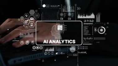 Teknoloji ve yenilik temaları için ekranda yapay zeka analitik kavramı ve veri görselleştirmesi olan bir dizüstü bilgisayar üzerinde çalışan profesyonel iş adamı. Asemptotik akıllı veri analitiği.