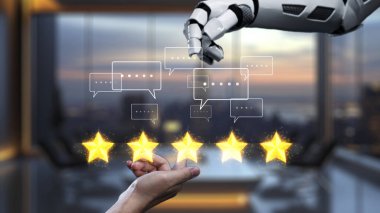 Bir robot el insan eline uzanır, teknoloji ve insanlar arasındaki etkileşimi sembolize eder. Modern bir ofiste beş altın yıldız, müşteri geribildirim ve reytingleri göstererek havada süzülür. Auvana