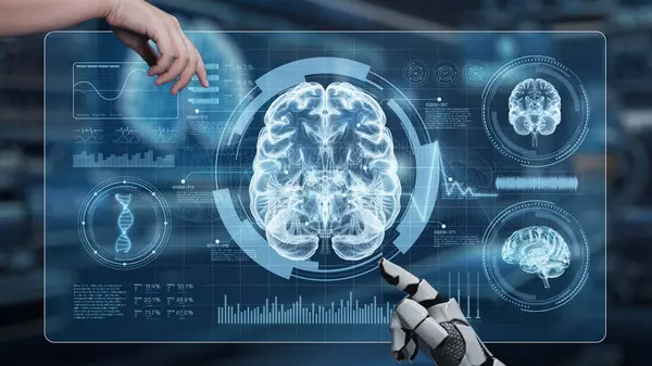 Robot ve insan elini uzatıyor ve parmağıyla beyin simgesini havada yüzdürüyor. Laboratuvar geçmişi bulanıklaşırken robot el ve insanın birlikte çalışmasını engelle. Sağlıklı..