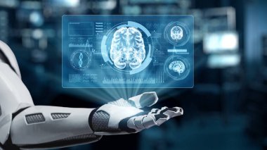 Beyin hologramı yüzerken bir avuç içi açık robot eli kapat. Robot el, teşhis koymak için tıbbi verilere erişip bağlantı kurarken beyin hologramını sunuyor. Sağlıklı..