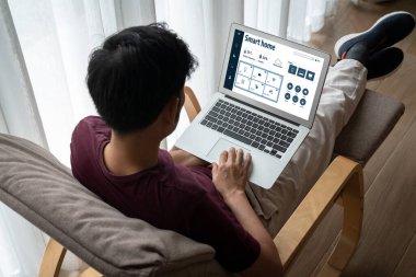 Smart home technology, centric remote control system with digital dashboard for air conditioning, safety security network or house automation. App software, ui panel programming IOT monitor snugly