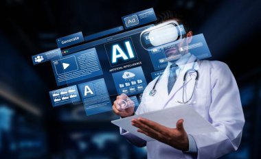 Bir sağlık uzmanı sanal gerçeklik araçlarıyla etkileşime girer ve yapay zeka uygulamaları gösterir. Bu modern yaklaşım hasta bakımını ve tıbbi uygulamaları dönüştürüyor. PHMT