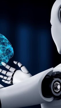 AI hominoid robot holding virtual hologram screen showing concept of AI brain and artificial intelligence thinking by machine learning process. 3D rendering.