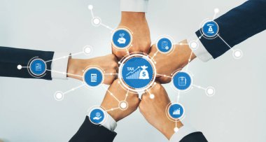 Ofis çalışanlarının el ele dizilmesi başarılı bir iş ortaklığı grubunu ve panoramik pankartta kamu işyerinde güçlü bir birlik takım çalışmasını sembolize ediyor. Kurnaz Dostluk