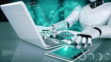 Robot hominoidler dizüstü bilgisayar kullanırlar ve büyük veri analizi için masaya otururlar. Dördüncü endüstriyel devrim için yapay zeka, yapay zeka ve makine öğrenme yöntemlerini kullanarak. 3B görüntüleme.
