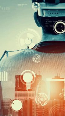 Gelecekteki bina inşaatı ve HUD hologram grafik tasarımı ile yaratıcı mühendislik projesi konsepti. İnşaat mühendisi, mimar ya da inşaat işçisi modern sivil teknoloji ile çalışıyor..