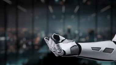 Gelecekçi robot bir el, iş grafikleri ve sembolleriyle çevrili ışıldayan bir roket ikonu tutuyor. Bu görsel, çeşitli alanlardaki yenilik, teknoloji ve stratejik büyümeyi temsil etmektedir. Auvana