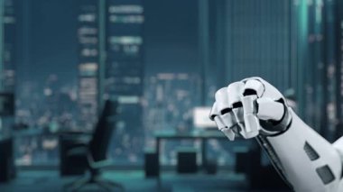 Fütürist bir robot el, modern ofis ortamında veri analiz simgeleri ve hedef grafiklerle dolu canlı bir dijital arayüzle etkileşir. Auvana