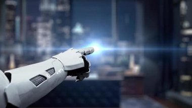 Fütürist bir robot el, teknoloji ve tasarımı kusursuz bir şekilde harmanlayan modern bir çalışma alanında geçen, dijital bir arayüz içindeki parıldayan bir e-posta ikonuna işaret ediyor. Auvana
