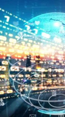 Fütürist küresel sosyal medya, insanlar iletişim ağı ve dijital veri paylaşımı kuruyor. Yeni bilgi çağındaki küresel eğilimleri değiştiren akıllı dijital dönüşüm ve teknoloji bozulması kavramı .