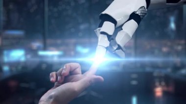 Bir robot kol, modern ofis ortamında insan-makine işbirliğini ve yenilikçi veri görselleştirmesini vurgulayan dijital çalışma alanını gösteren bir yapay zeka arayüzüne bağlanır. Auvana