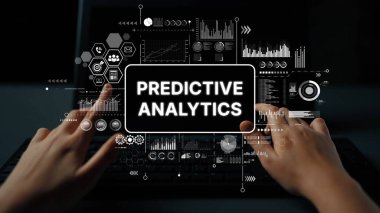 Modern İş Ortamı Öngörücü Analizleri için Dizüstü bilgisayarın üzerine ellerini koy. Asemptotik akıllı veri analitiği.