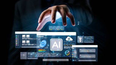 Bir el dinamik yapay zeka arayüzüne uzanıyor. Fütürist dijital manzara aracılığıyla veri analizi ve kullanıcı etkileşiminin bir karışımını gösteriyor. Dörtgen