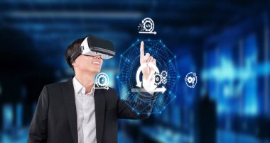 Bir iş adamı modern bir ofiste sanal gerçeklik teknolojisiyle çevik metodolojiyi keşfediyor, yenilik ve bağlantının kesişimini gösteriyor. XDMCP