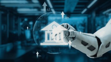 Finansal verilerle ilgilenen, bankacılık sembolleri ve istatistiksel okları modern teknoloji entegrasyonunu gösteren yüksek teknolojili bir robot el. Auvana