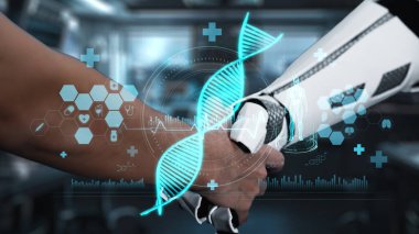 Robot eli kapat ve insan eli DNA hologramıyla tokalaş. Yapay zeka ve insan birlikte çalışıyor ya da DNA hologramıyla anlaşmalar yapıyor. Bulanık laboratuvarda yüzüyor. Takım çalışması. Sağlıklı..