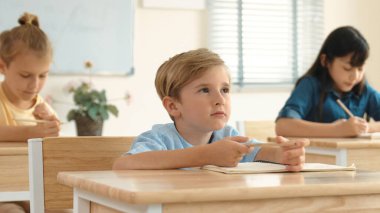 Sınıfta okuyan çeşitli çocuklarla çevrili beyaz bir çocuk öğretmenine soru sorup cevap verdiği için elini kaldırıyor. Mutlu öğrenci birlikte çalışıyor, oy veriyor, gönüllü oluyor, hocayı arıyor. Pedagoji.