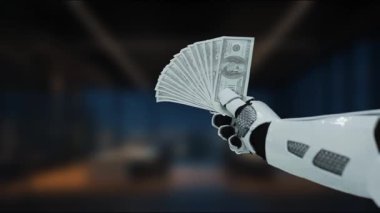Robotik bir el, modern ekonomide teknoloji ve finans kavşağını temsil eden bir yığın parayı sergileyerek fütüristik bir ortamda ortaya çıkıyor. MZL