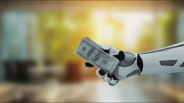 Gelecekçi bir robot el, teknoloji ve finans birleşmesini sembolize eden bir dolar banknotunu kavrıyor. Bu görüntü ekonomik sistemlerdeki yeniliği özetliyor. MZL