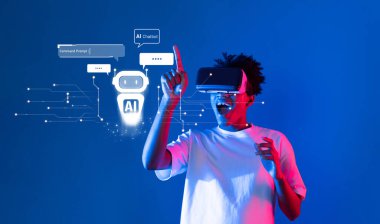 Sanal gerçekliğe dalmış bir kullanıcı gelişmiş iletişim deneyimleri için teknoloji, otomasyon ve makine öğreniminin kesişimlerini gösteren bir yapay zeka sohbet robotuyla karşılaşır. XDMCP